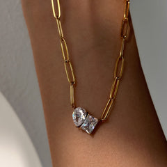 Joint Rectangle Drop Solitaire 18K Gold Plated Stainless Steel Anti Tarnish Necklace Chain For Women