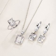 Rectangle Solitaire Silver Multi Color Cubic Zirconia Pendant Chain Earring Ring Set For Women