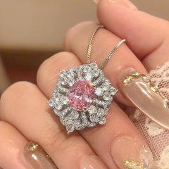 Flower Red Gemstone Silver Cubic Zirconia Necklace Earring Ring Set For Women