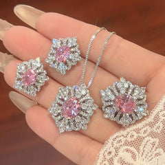 Flower Red Gemstone Silver Cubic Zirconia Necklace Earring Ring Set For Women