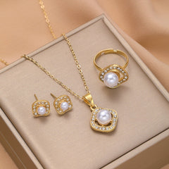 Cushion 18K Gold Pearl Cubic Zirconia Necklace Earring Ring Set For Women