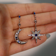 Star Moon 18K Gold Cubic Zirconia Anti Tarnish Dangler Hoop Earring For Women