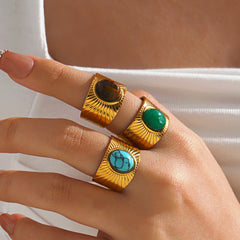 Gem Stone Vintage 18K Gold Plated Turquoise Tiger Eye Pearl Stainless Steel Adjustable Ring For Women