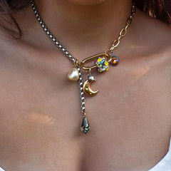 Star Moon Two Tone 18K Gold Silver Black Crystal Charm Stainless Steel Anti Tarnish Necklace Chain For Women