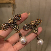 Gold Bee Pearl Drop CZ Earrings for Women