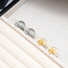 Little Honeybee Pearl Cubic Zirconia Gold Silver Stud Earring For Women