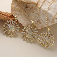 Gold Heart Start Cross Gold Cubic Zirconia Copper Pendant Chain For Women