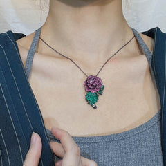 Flower Purple Green Black Anti Tarnish Necklace Chain Eaering Set For Women