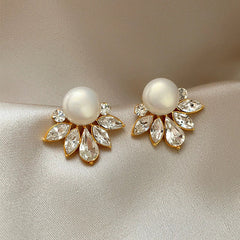 White Crown Pearl Gold Cubic Zirconia Copper Stud Earrings Women