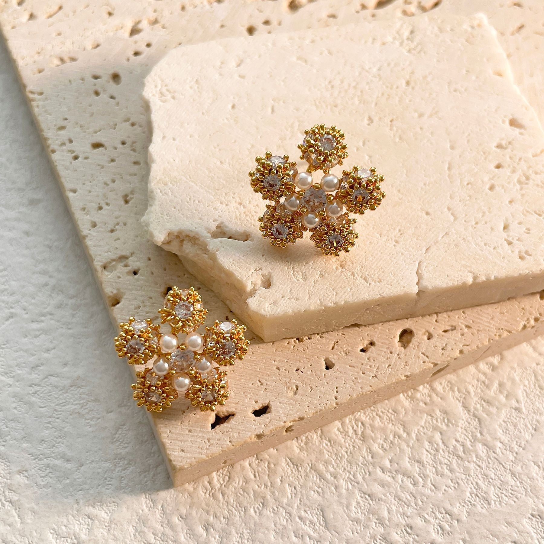 Flower Pearl 18K Gold Silver CZ Anti Tarnish Stud Earring