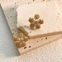 Flower Pearl 18K Gold Silver CZ Anti Tarnish Stud Earring