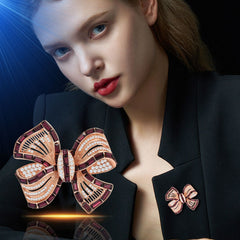 Rose Gold Plated Bow Burgundy Baguette CZ Enamel Copper Brooch For Women