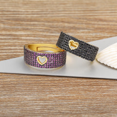 Designer Heart Pave Wide Band Gold CZ Copper Adjustable Fancy Ring