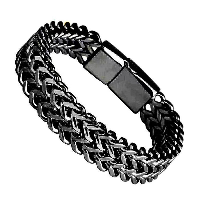 Dual Layer Glossy Silver Black 316L Stainless Steel Wheat Chain Bracelet For Men