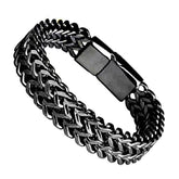Dual Layer Glossy Silver Black 316L Stainless Steel Wheat Chain Bracelet For Men