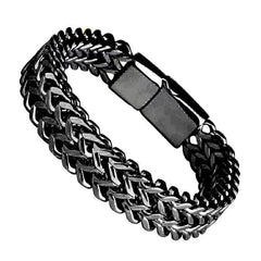 Dual Layer Glossy Silver Black 316L Stainless Steel Wheat Chain Bracelet For Men