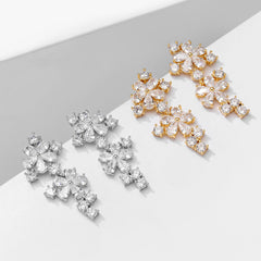 Floral Flower 18K Gold Cubic Zirconia Anti Tarnish Dangler Earring For Women