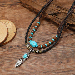 Feather Turquoise Green Brown Beads Wooden Dual Layer Rope Necklace For Women