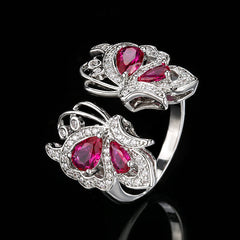 Butterfly Pink Silver Cubic Zirconia Anti Tarnish Necklace Earring Ring Set For Women