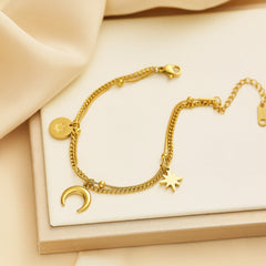 Moon and Star 18K Gold Plated Stainless Steel Charm Chain Bracelet For Women