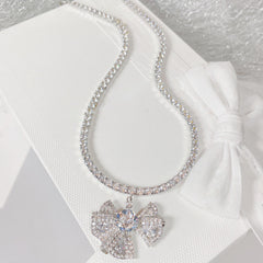 Luxury CZ Crystal Silver Bow Anti Tarnish Copper Necklace For Women