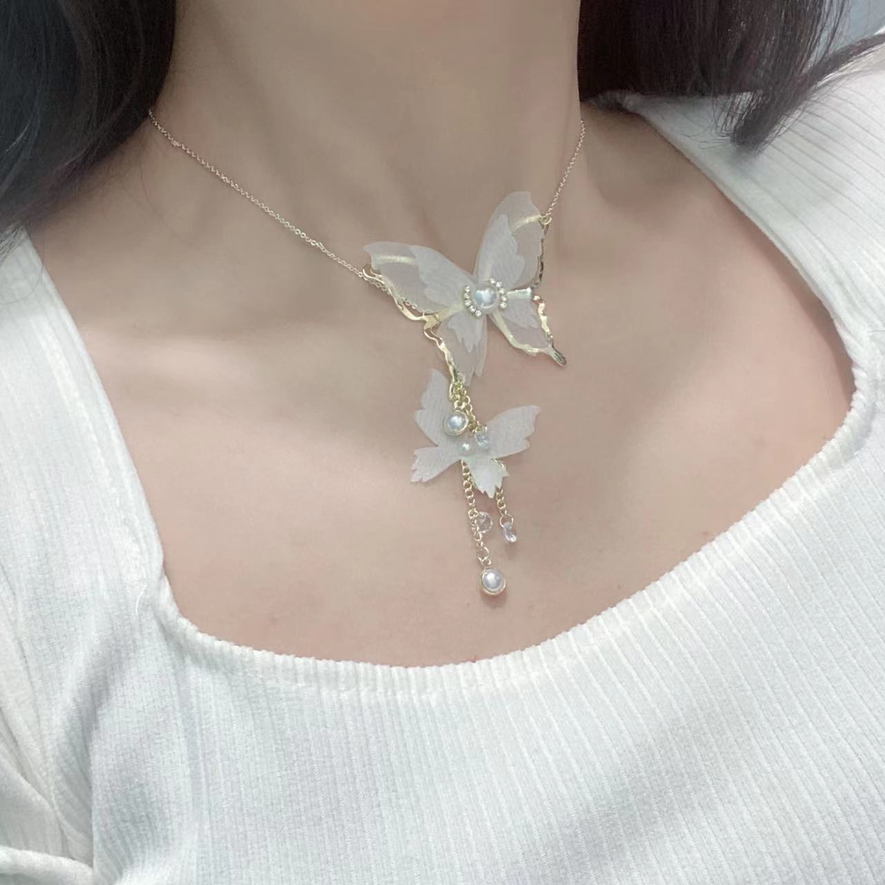 Fairy 18K Gold Long Butterfly White Pearl Anti Tarnish Necklace Earrings Set For Women