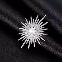 Designer Sunburst Gold Silver Plated CZ Pearl Alloy Brooch For Women