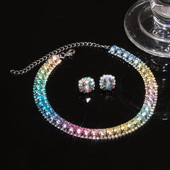 Multi Color Choker Tennis Silver Rhinestone Necklace Earring Set Women