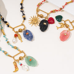 Hamsa Evil Eye 18K Gold Pink Green Blue Black Beads Threads Necklace For Women