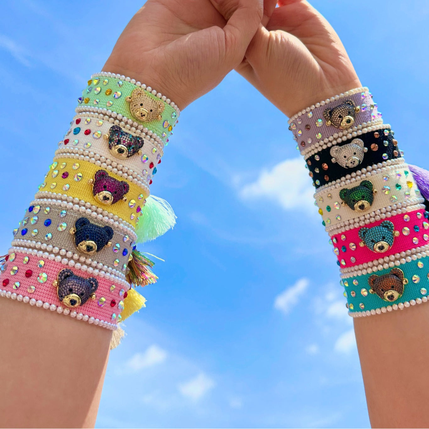 Teddy Bear Face Crystal Fabric Writ Band Adjustable Threads Bracelet For Women