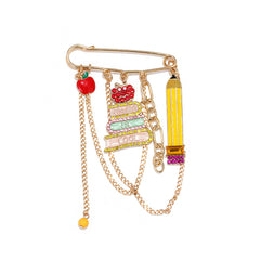 Designer Apple Pencil Book Charm Gold Plated Rhinestone Enamel Brooch