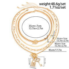 Key Lock 18K Gold Cubic Zirconia Curb Snake Chain Layer Necklace For Women
