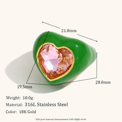 Heart Solitaire Enamel 18K Gold Stainless Steel Anti Tarnish Adjustable Ring For Women