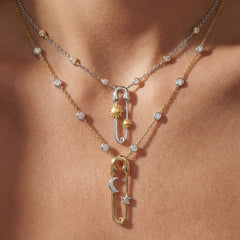 Celestial Safety Pin Rose Silver Gold CZ Anti Tarnish Copper Necklace