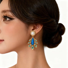 Designer Peacock Gold Plated Blue & Green Enamel Pearl Dangler Earrings