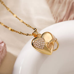 Joint Heart Ring 18K Gold Cubic Zirconia Pendant Chain Necklace For Women