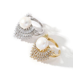 Baguette Crown Pearl White 18K Gold Silver Cubic Zirconia Adjustable Ring For Women