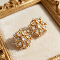 Gold Flower Kundan-Polki Anti Tarnish Copper Stud Earrings Women