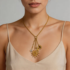 Elegant Sun & Moon Gold Plated Layered CZ Anti Tarnish Copper Necklace