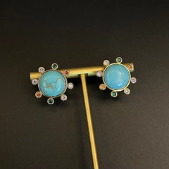 Multi Round Gold CZ Turquoise Anti Tarnish Copper Stud Earrings