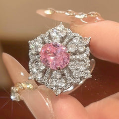 Flower Red Gemstone Silver Cubic Zirconia Necklace Earring Ring Set For Women