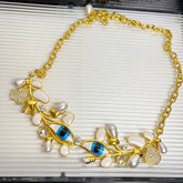 Evil Eye Leaf 18K Gold Cubic Zirconia Enamel Pearl Necklace Earring Set For Women