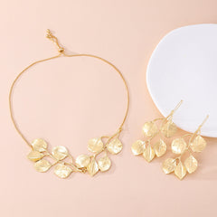 Leaf Flower 18K Gold Plated Anti Tarnish Necklace Earring Set For Women