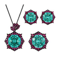 Rose Crystal Green Pink Black Pendant Earring Ring Set For Women