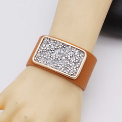 Rectangle Cubic Zirconia Rose Gold Anti Tarnish Wrist Band Leather Bracelet For Women