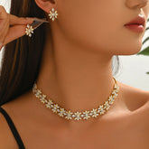 Luxury White Floral Gold CZ Anti TarnishCopper Necklace Earring Set