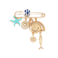 Blue Gold Ocean Safety Pin Enamel Brooch For Women