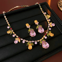 Drop Leaf Solitaire Crystal Pink Orange Anti Tarnish Necklace Earring Set For Women