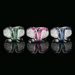 Silver Green Blue Pink Border Cubic Zirconia Adjustable Ring For Women