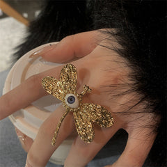Beaten Finish Butterfly Evil Eye 18K Gold Adjustable Ring For Women